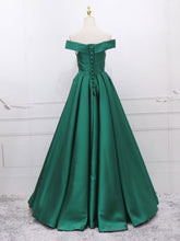 A-Line Off Shoulder Green Satin Long Prom Dresses, Green Evening Dresses
